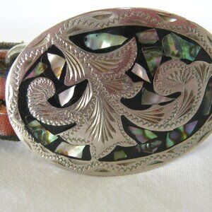 ALPACA Inlaid Abalone Silver Buckle Womens Belt Brown Leather 5/8" wide Vintage